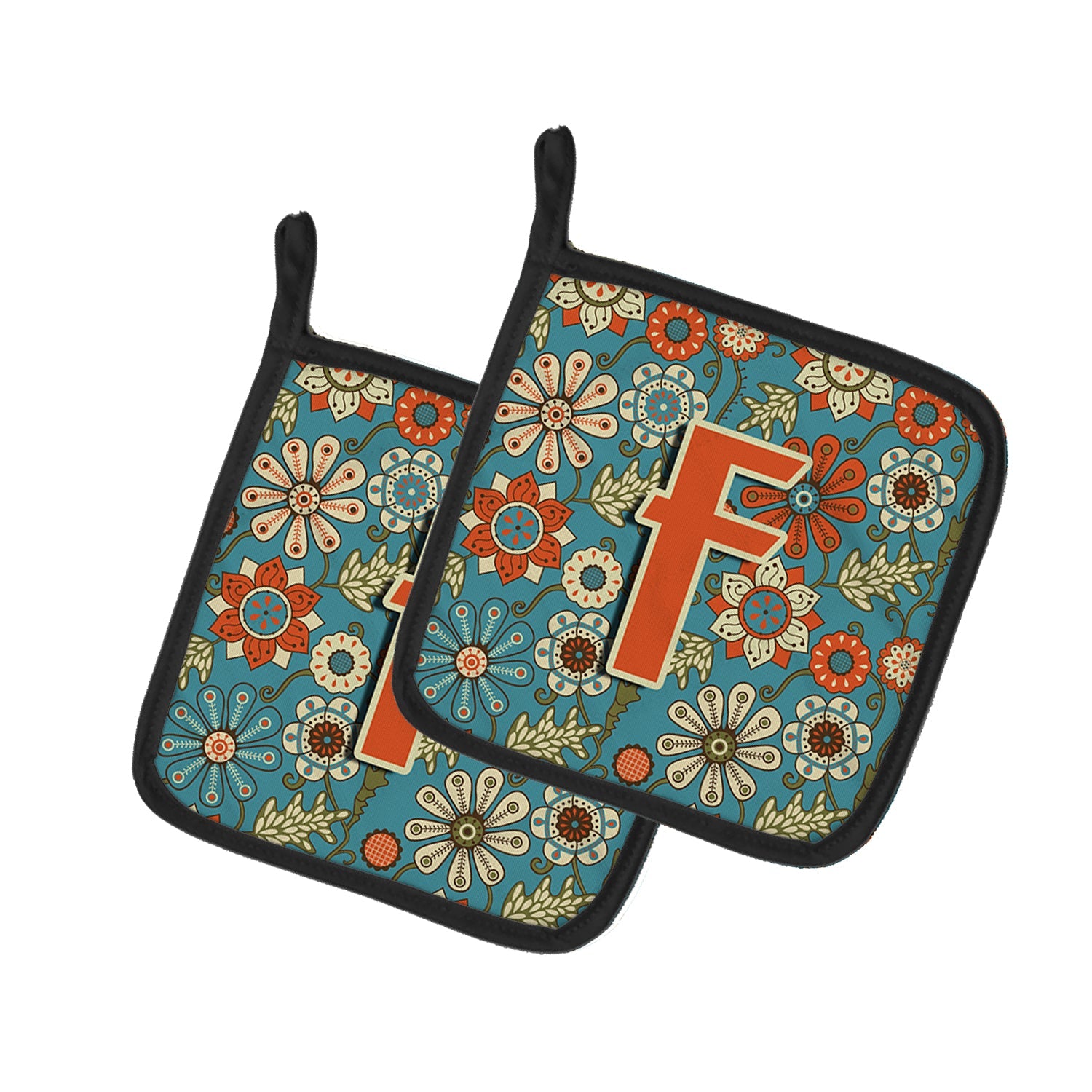 Letter F Flowers Retro Blue Pot Holder Set of 2 Heat Resistant Quilted Hot Pads 7.5 x 7.5 Inch, Insulated Kitchen Trivets for Cooking & Baking