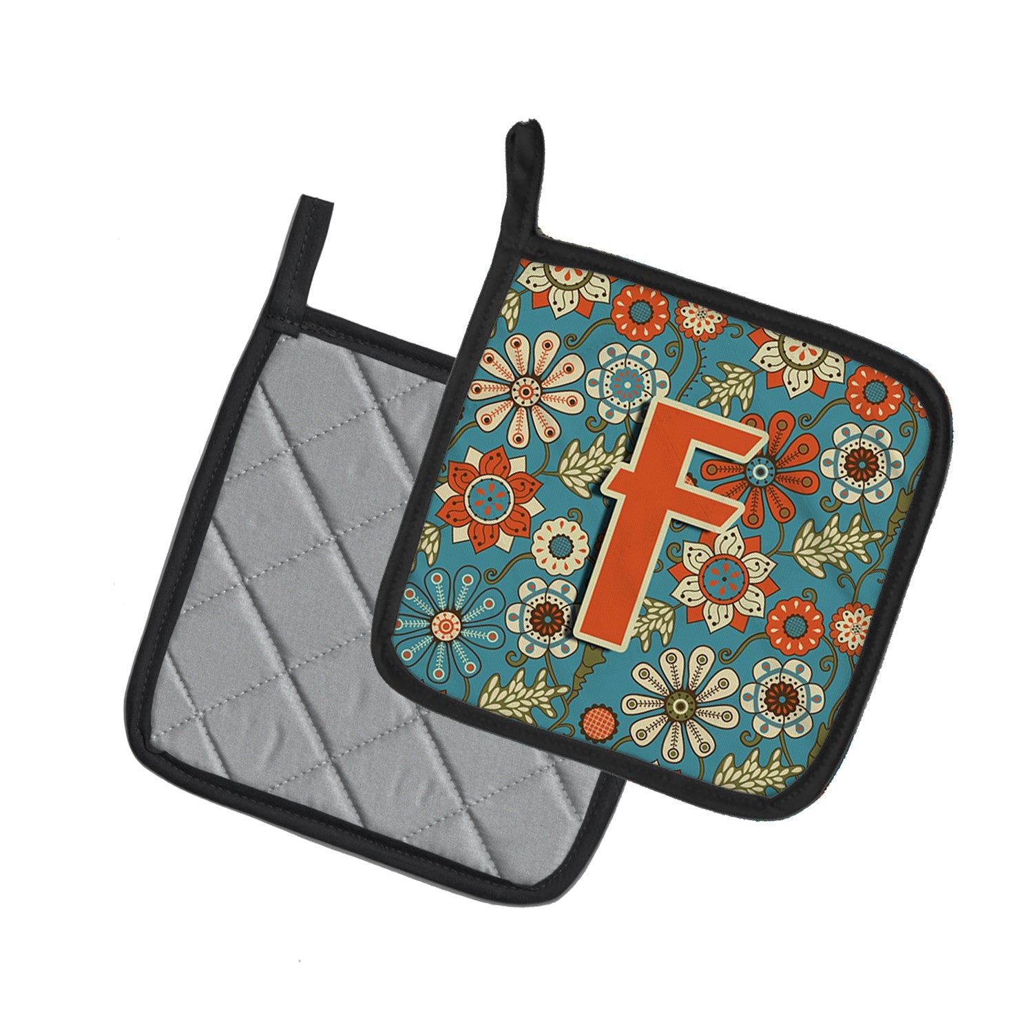 Letter F Flowers Retro Blue Pot Holder Set of 2 Heat Resistant Quilted Hot Pads 7.5 x 7.5 Inch, Insulated Kitchen Trivets for Cooking & Baking