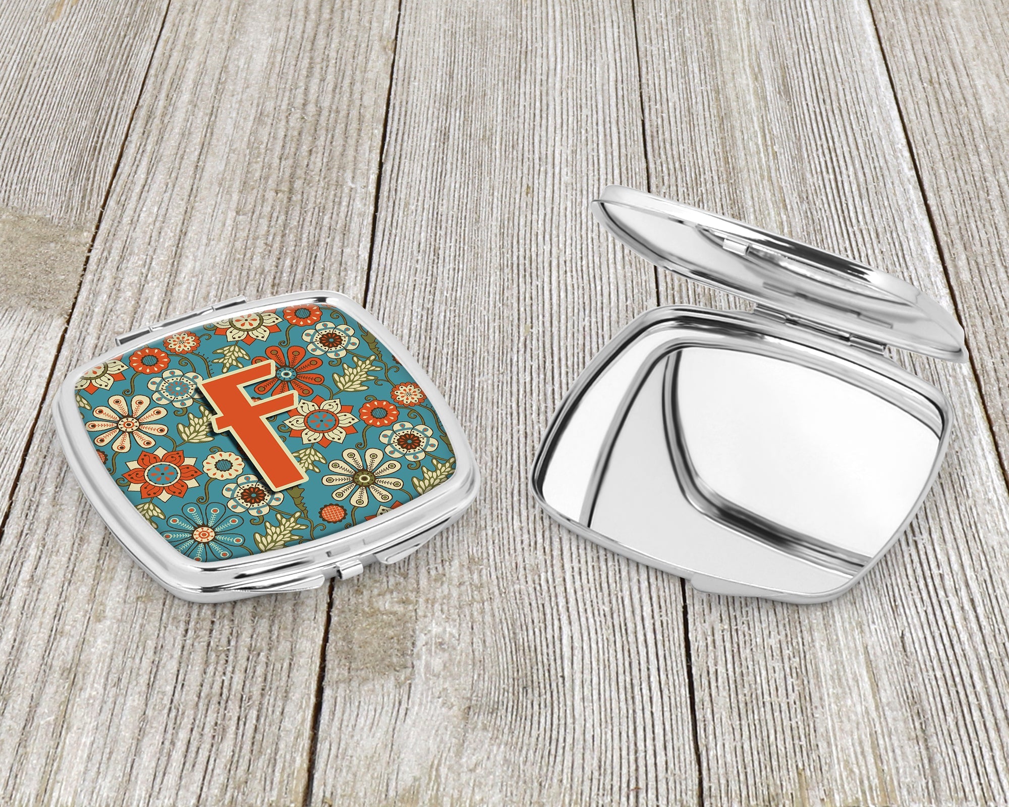 Letter F Flowers Retro Blue Compact Mirror Decorative Travel Makeup Mirror for Women Girls Gifts Pocket Makeup Mirror Folding Handheld