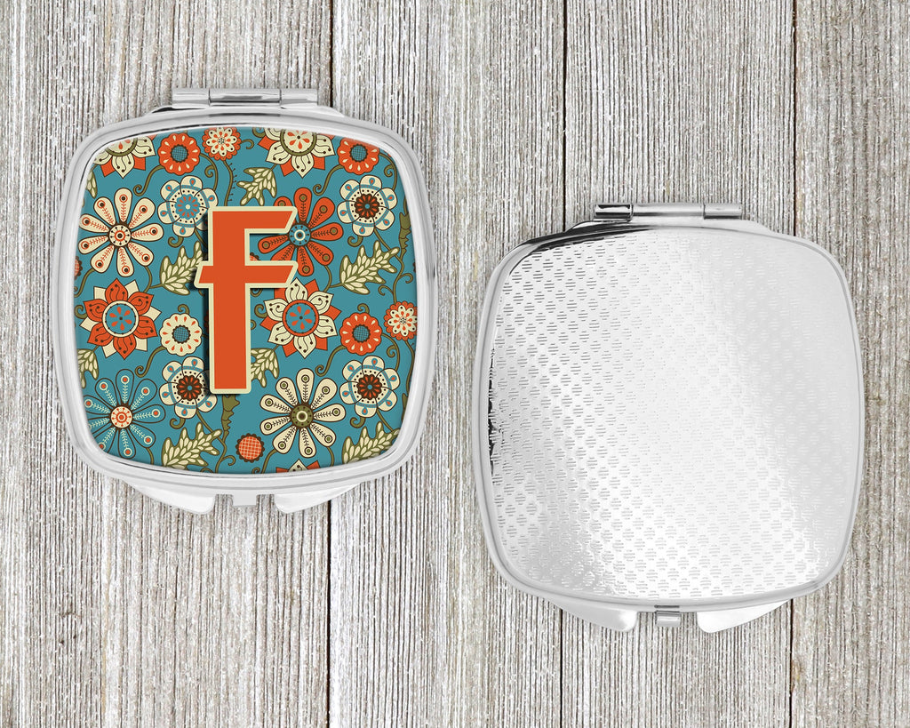 Letter F Flowers Retro Blue Compact Mirror Decorative Travel Makeup Mirror for Women Girls Gifts Pocket Makeup Mirror Folding Handheld