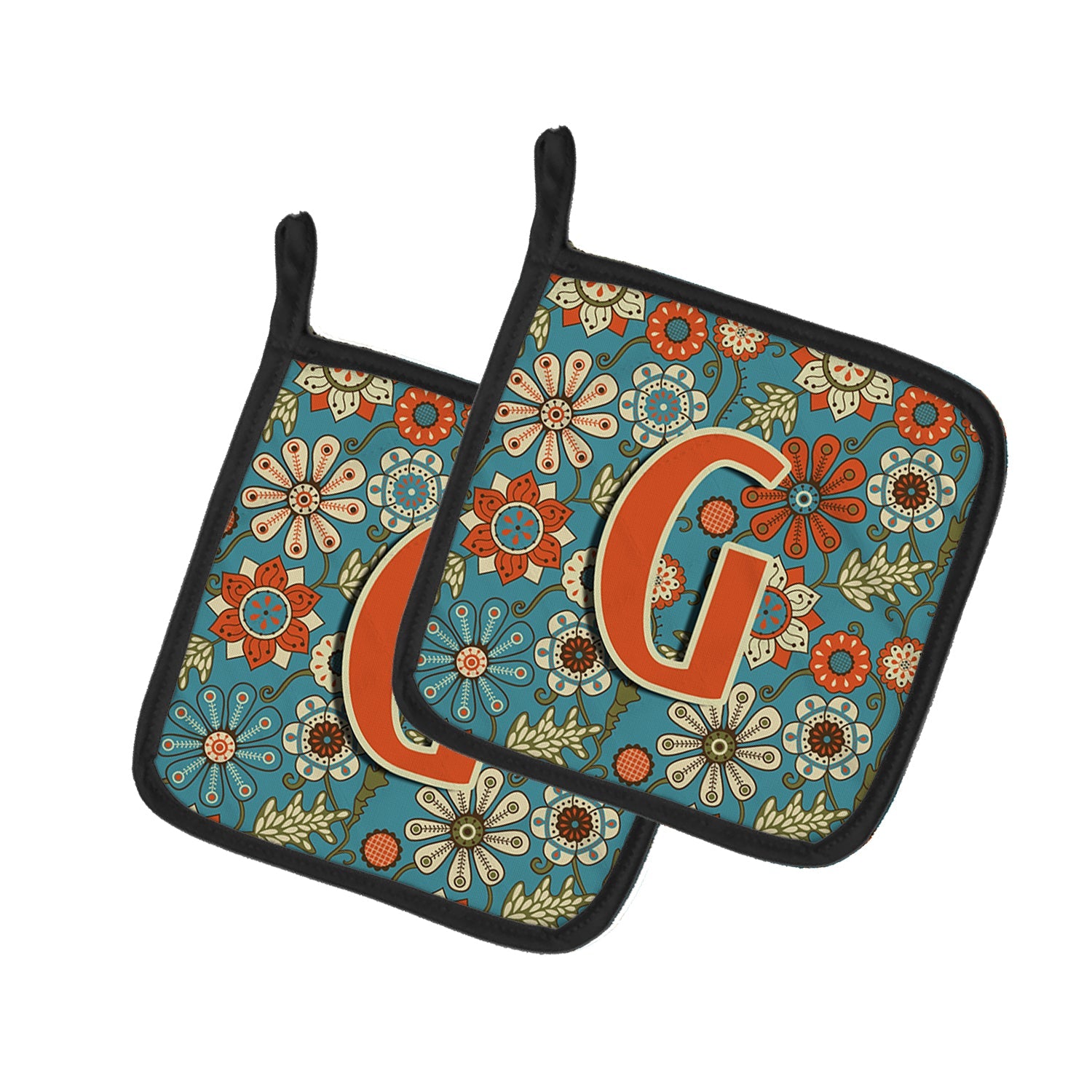 Letter G Flowers Retro Blue Pot Holder Set of 2 Heat Resistant Quilted Hot Pads 7.5 x 7.5 Inch, Insulated Kitchen Trivets for Cooking & Baking
