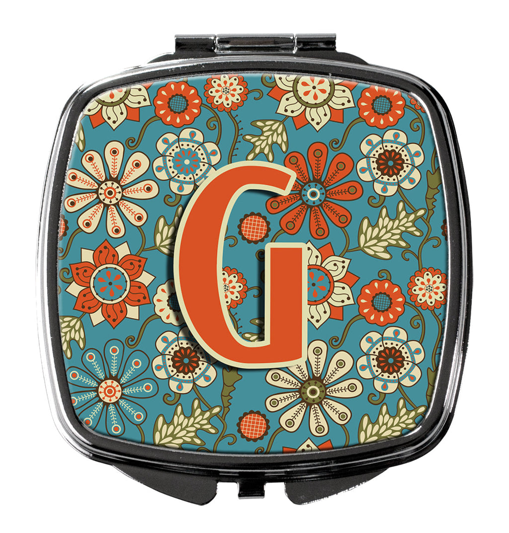 Letter G Flowers Retro Blue Compact Mirror Decorative Travel Makeup Mirror for Women Girls Gifts Pocket Makeup Mirror Folding Handheld