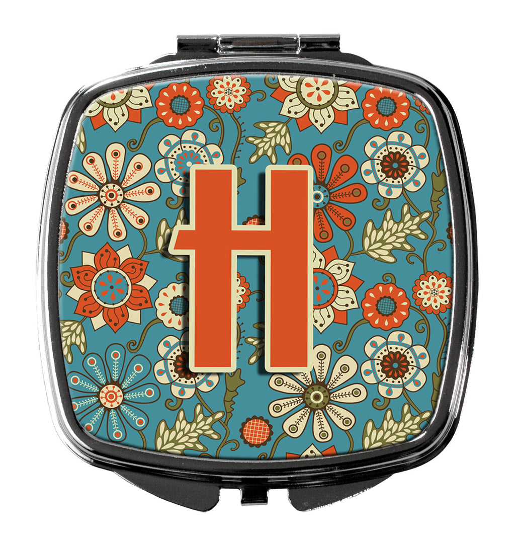 Letter H Flowers Retro Blue Compact Mirror Decorative Travel Makeup Mirror for Women Girls Gifts Pocket Makeup Mirror Folding Handheld