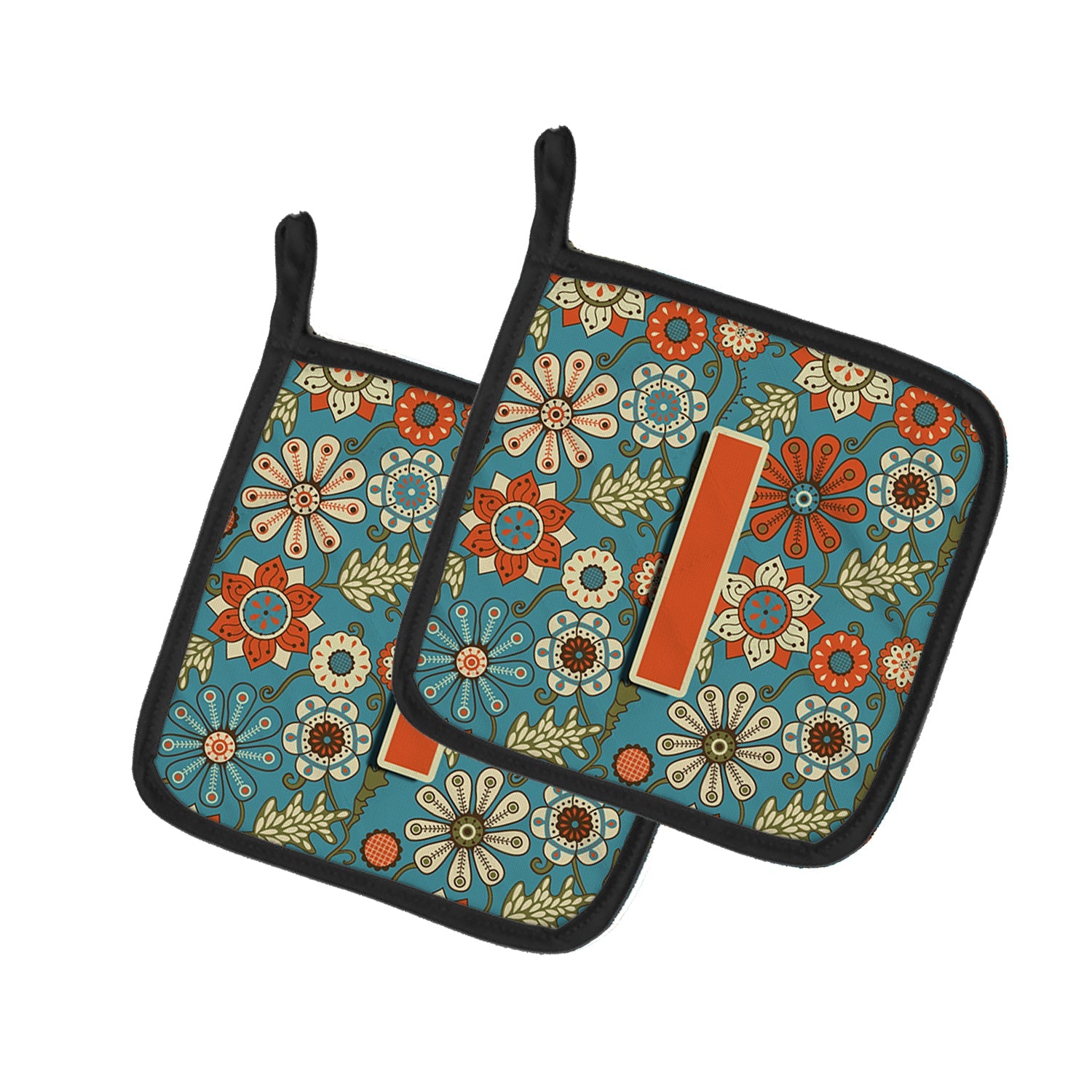Letter I Flowers Retro Blue Pot Holder Set of 2 Heat Resistant Quilted Hot Pads 7.5 x 7.5 Inch, Insulated Kitchen Trivets for Cooking & Baking