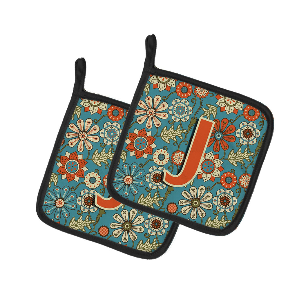 Letter J Flowers Retro Blue Pot Holder Set of 2 Heat Resistant Quilted Hot Pads 7.5 x 7.5 Inch, Insulated Kitchen Trivets for Cooking & Baking