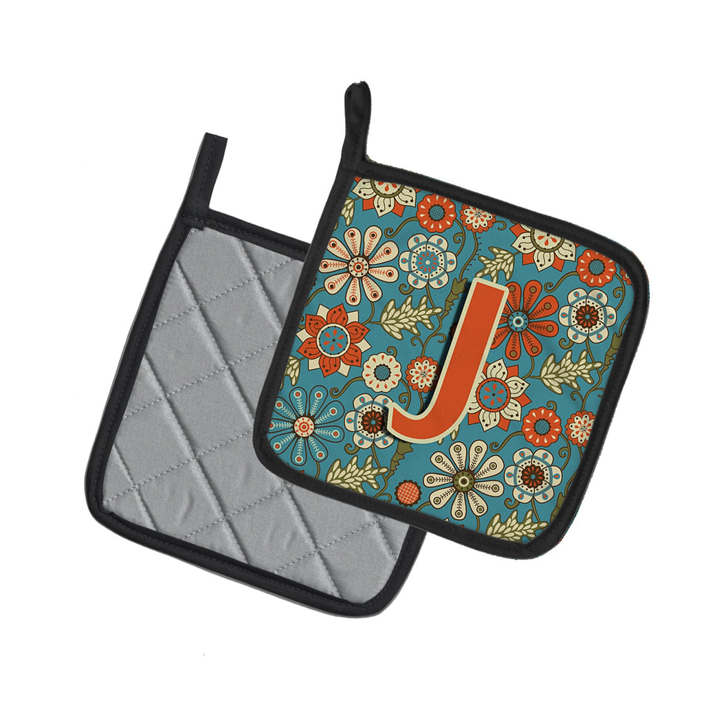 Letter J Flowers Retro Blue Pot Holder Set of 2 Heat Resistant Quilted Hot Pads 7.5 x 7.5 Inch, Insulated Kitchen Trivets for Cooking & Baking