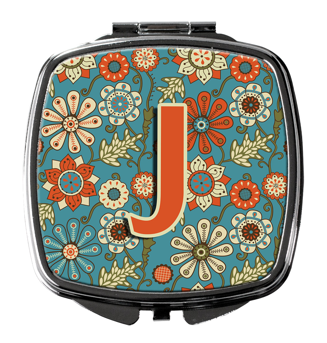 Letter J Flowers Retro Blue Compact Mirror Decorative Travel Makeup Mirror for Women Girls Gifts Pocket Makeup Mirror Folding Handheld