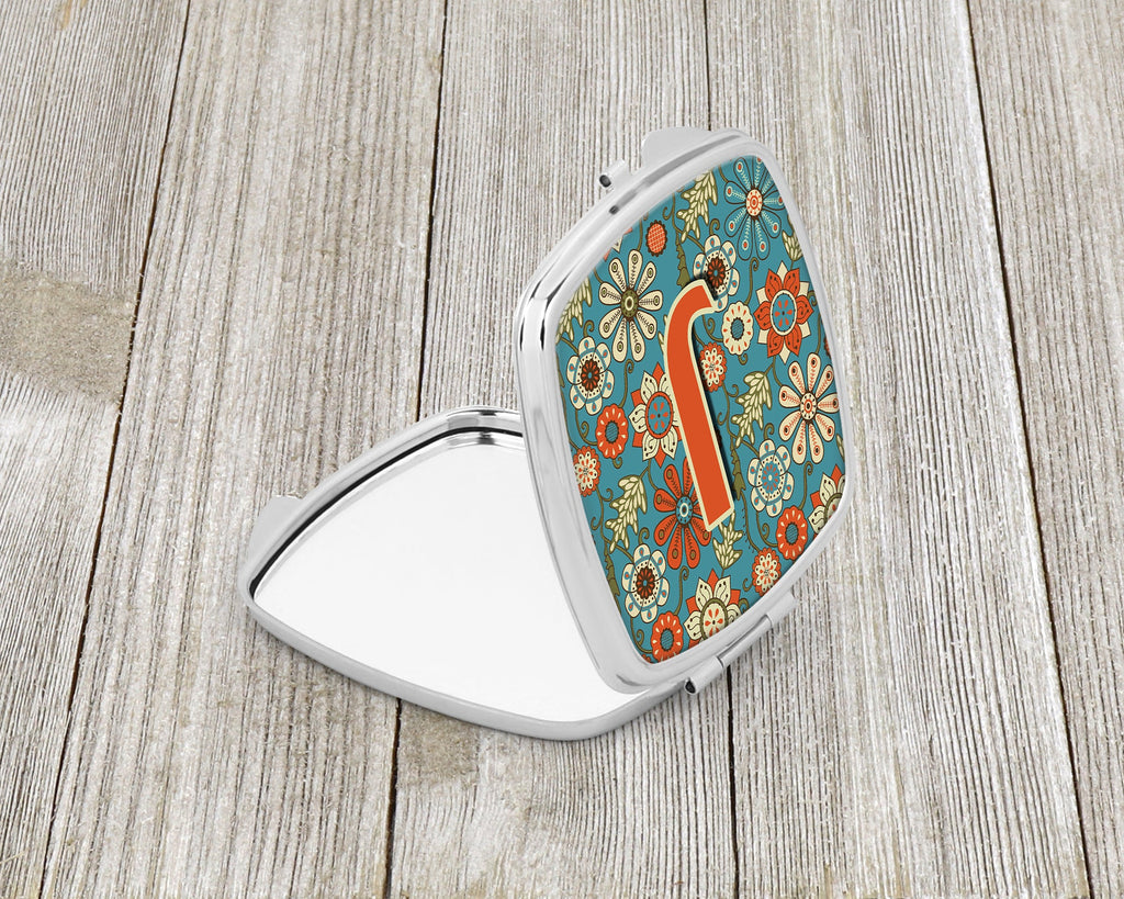 Letter J Flowers Retro Blue Compact Mirror Decorative Travel Makeup Mirror for Women Girls Gifts Pocket Makeup Mirror Folding Handheld