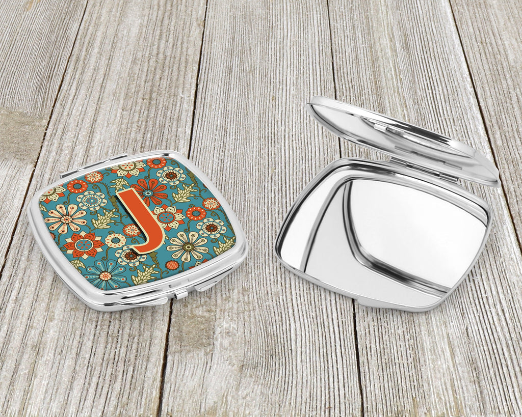 Letter J Flowers Retro Blue Compact Mirror Decorative Travel Makeup Mirror for Women Girls Gifts Pocket Makeup Mirror Folding Handheld