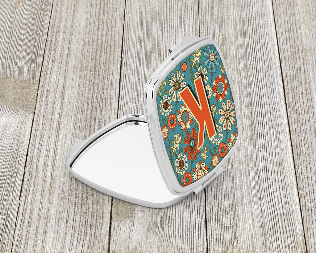 Letter K Flowers Retro Blue Compact Mirror Decorative Travel Makeup Mirror for Women Girls Gifts Pocket Makeup Mirror Folding Handheld