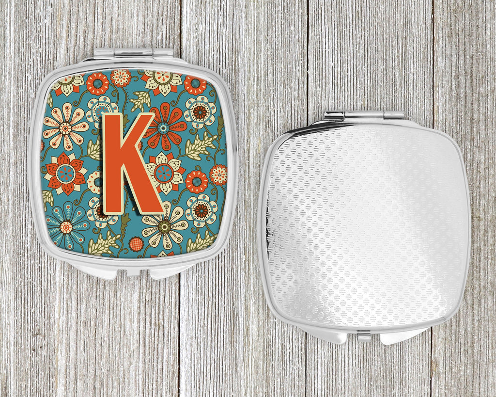 Letter K Flowers Retro Blue Compact Mirror Decorative Travel Makeup Mirror for Women Girls Gifts Pocket Makeup Mirror Folding Handheld