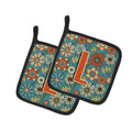 Letter L Flowers Retro Blue Pot Holder Set of 2 Heat Resistant Quilted Hot Pads 7.5 x 7.5 Inch, Insulated Kitchen Trivets for Cooking & Baking