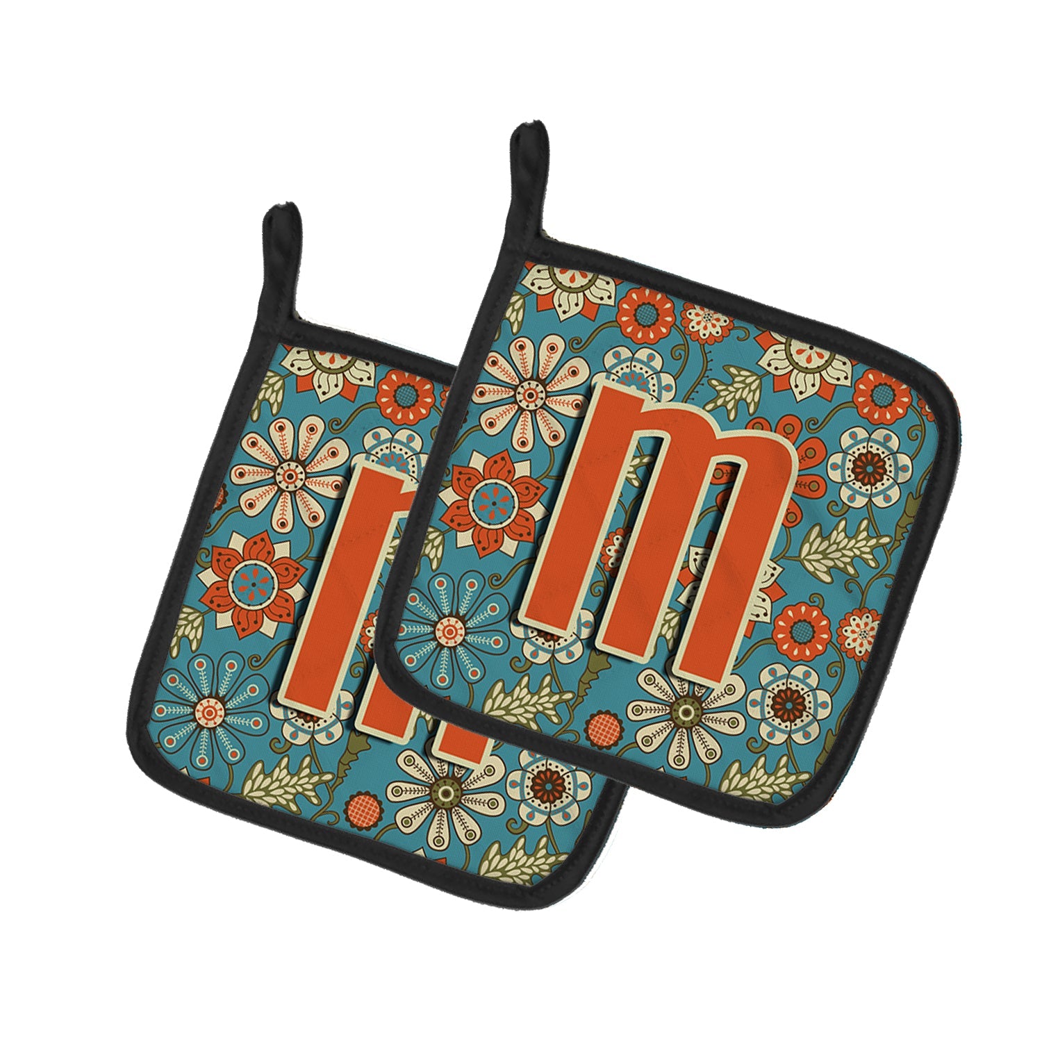 Letter M Flowers Retro Blue Pot Holder Set of 2 Heat Resistant Quilted Hot Pads 7.5 x 7.5 Inch, Insulated Kitchen Trivets for Cooking & Baking