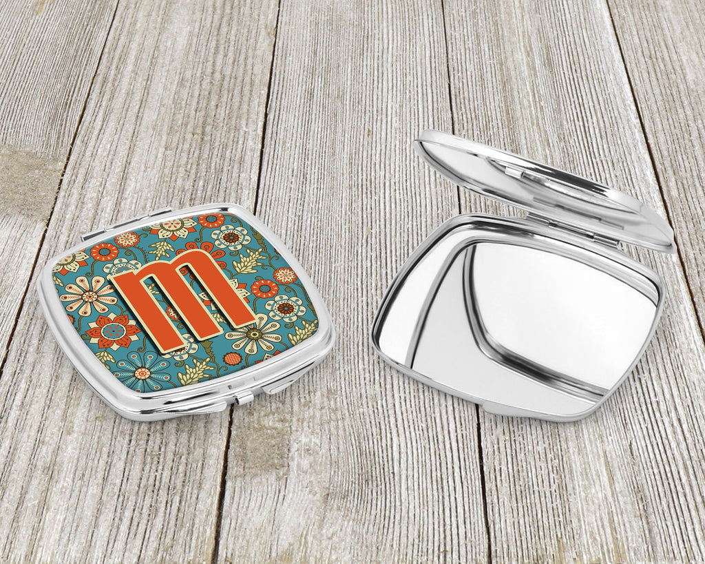 Letter M Flowers Retro Blue Compact Mirror Decorative Travel Makeup Mirror for Women Girls Gifts Pocket Makeup Mirror Folding Handheld