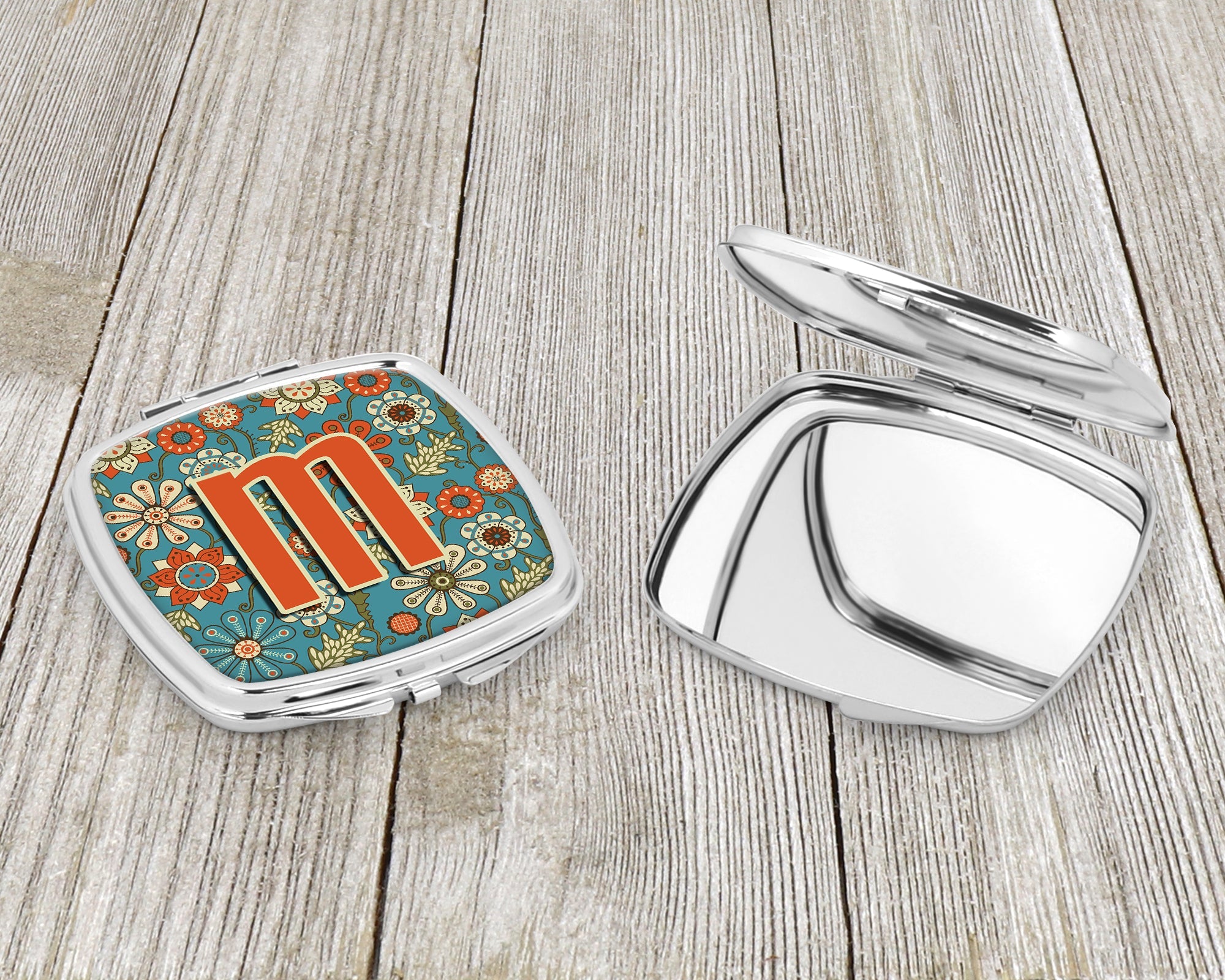 Letter M Flowers Retro Blue Compact Mirror Decorative Travel Makeup Mirror for Women Girls Gifts Pocket Makeup Mirror Folding Handheld