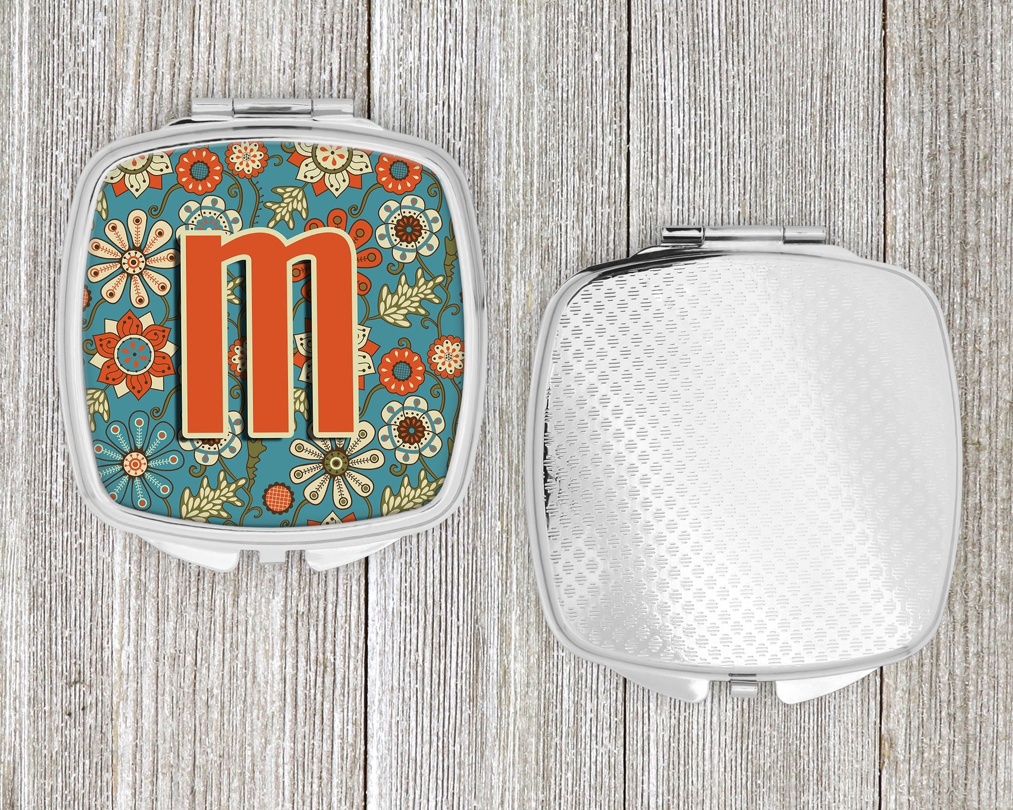 Letter M Flowers Retro Blue Compact Mirror Decorative Travel Makeup Mirror for Women Girls Gifts Pocket Makeup Mirror Folding Handheld