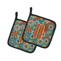 Letter N Flowers Retro Blue Pot Holder Set of 2 Heat Resistant Quilted Hot Pads 7.5 x 7.5 Inch, Insulated Kitchen Trivets for Cooking & Baking