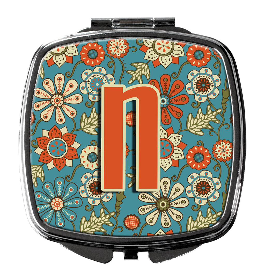 Letter N Flowers Retro Blue Compact Mirror Decorative Travel Makeup Mirror for Women Girls Gifts Pocket Makeup Mirror Folding Handheld