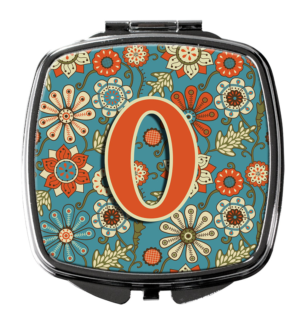 Letter O Flowers Retro Blue Compact Mirror Decorative Travel Makeup Mirror for Women Girls Gifts Pocket Makeup Mirror Folding Handheld