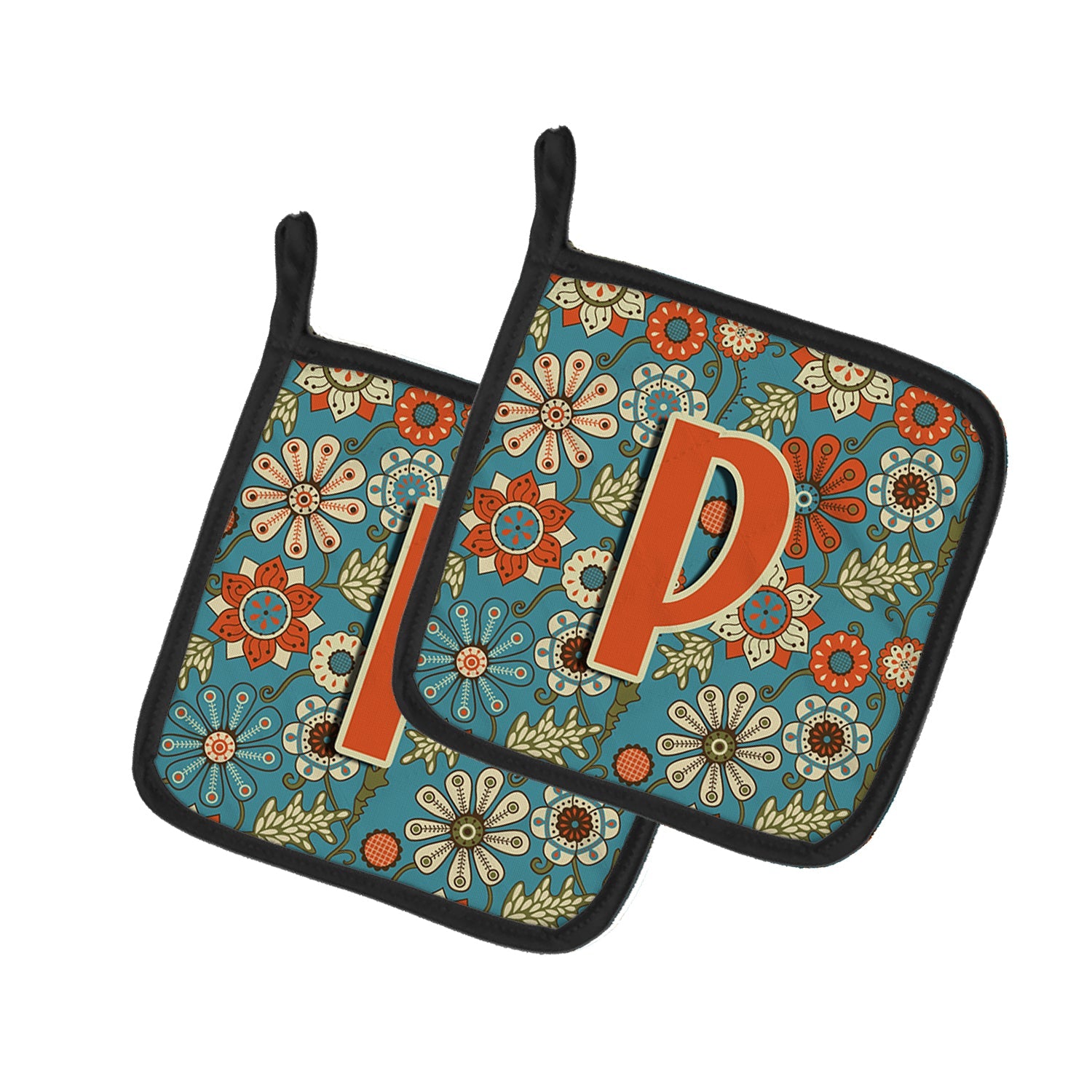 Letter P Flowers Retro Blue Pot Holder Set of 2 Heat Resistant Quilted Hot Pads 7.5 x 7.5 Inch, Insulated Kitchen Trivets for Cooking & Baking