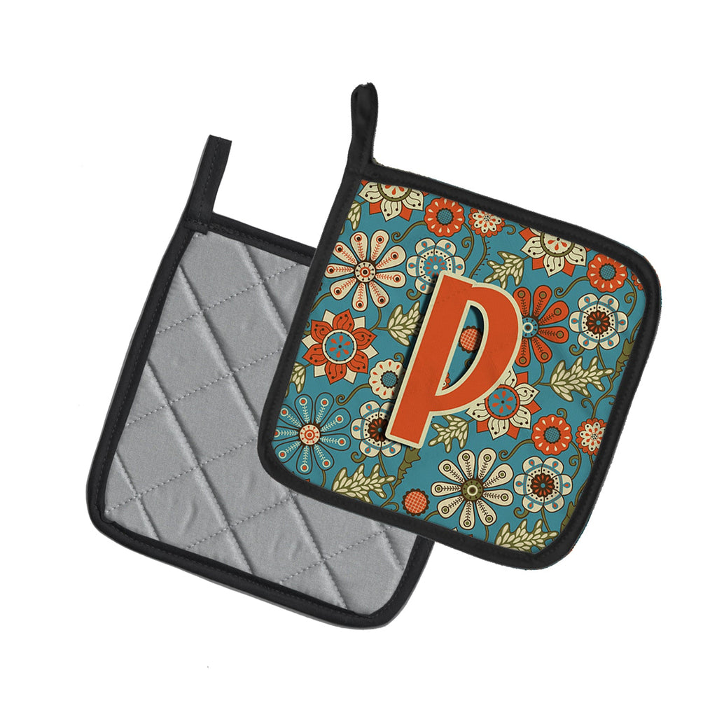 Letter P Flowers Retro Blue Pot Holder Set of 2 Heat Resistant Quilted Hot Pads 7.5 x 7.5 Inch, Insulated Kitchen Trivets for Cooking & Baking