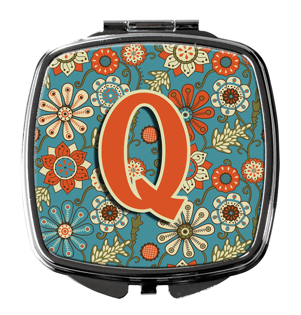 Letter Q Flowers Retro Blue Compact Mirror Decorative Travel Makeup Mirror for Women Girls Gifts Pocket Makeup Mirror Folding Handheld