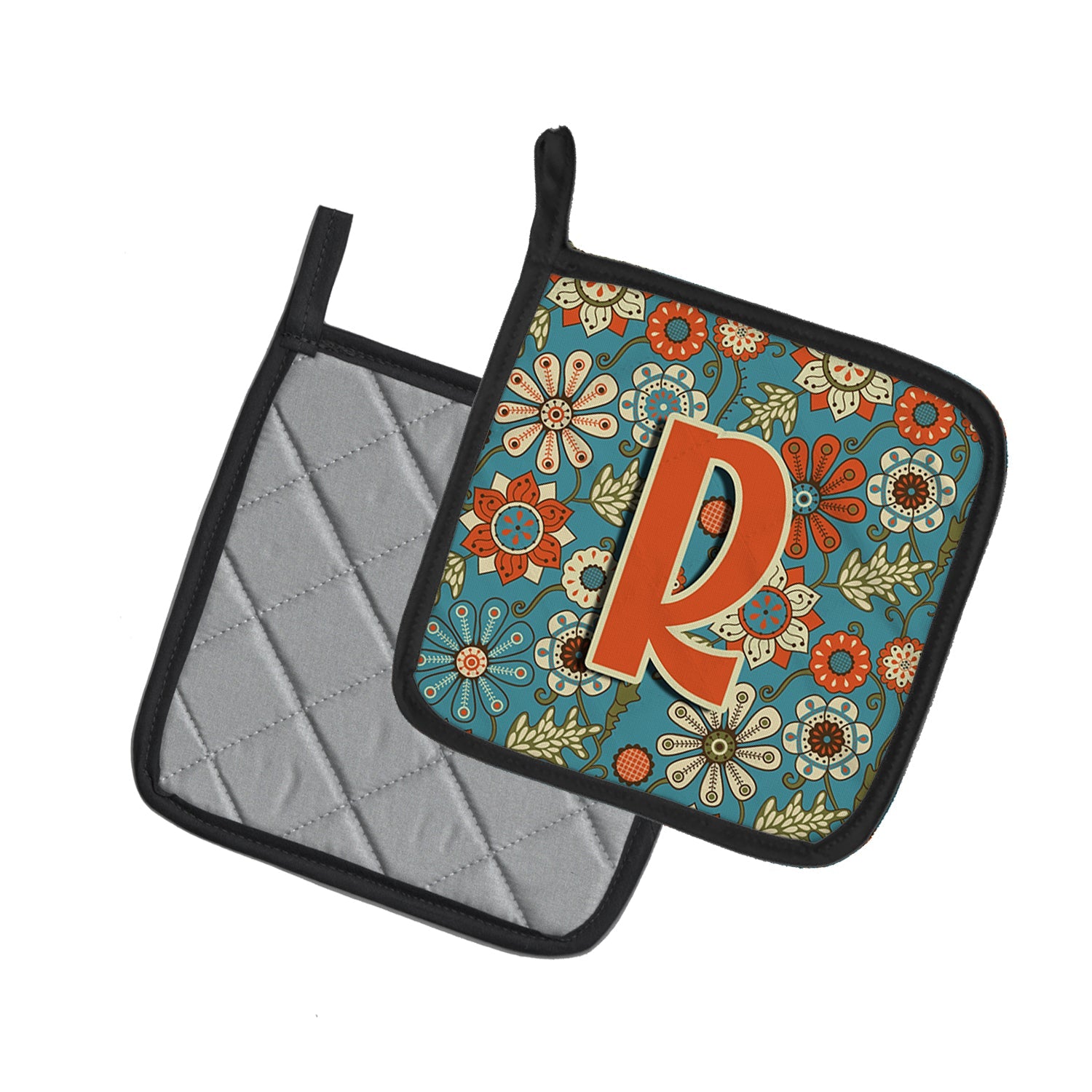 Letter R Flowers Retro Blue Pot Holder Set of 2 Heat Resistant Quilted Hot Pads 7.5 x 7.5 Inch, Insulated Kitchen Trivets for Cooking & Baking