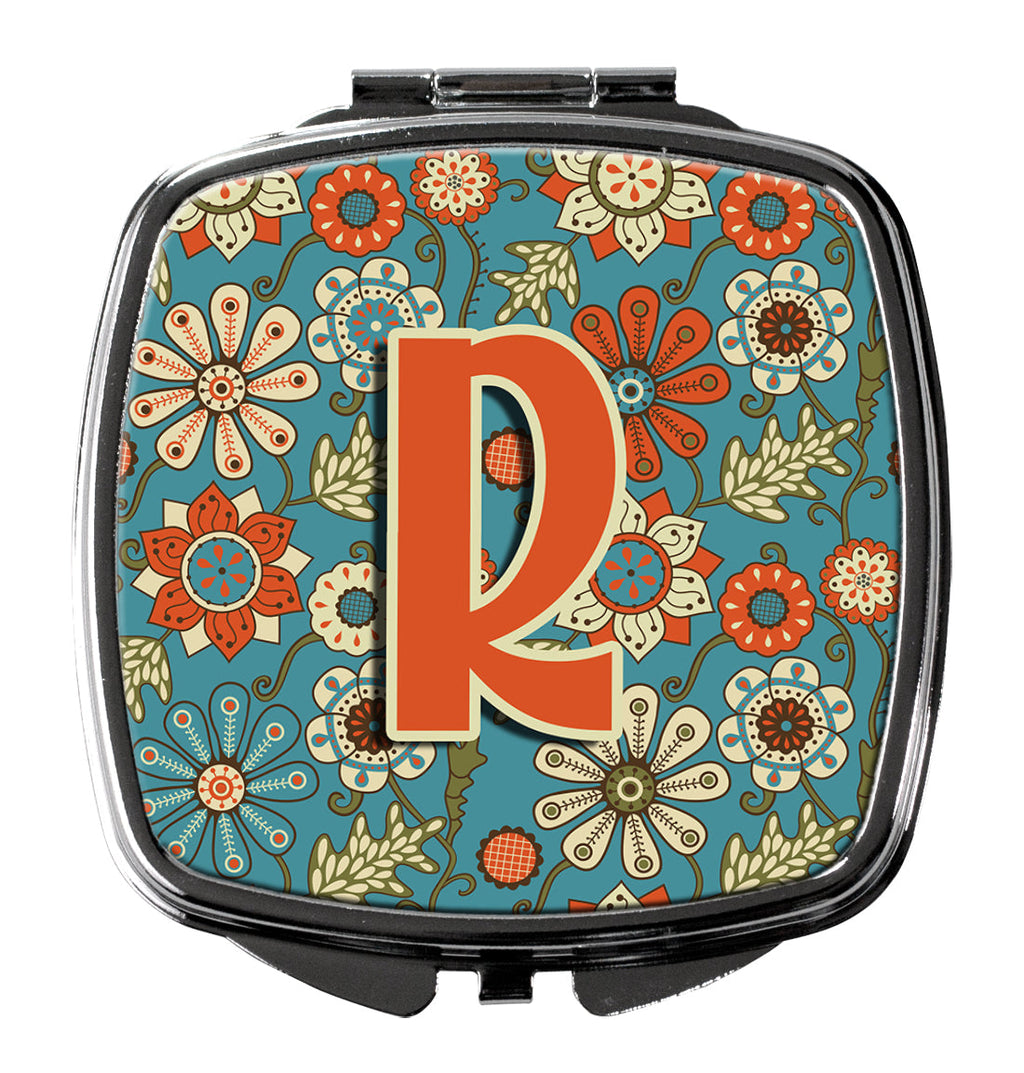 Letter R Flowers Retro Blue Compact Mirror Decorative Travel Makeup Mirror for Women Girls Gifts Pocket Makeup Mirror Folding Handheld