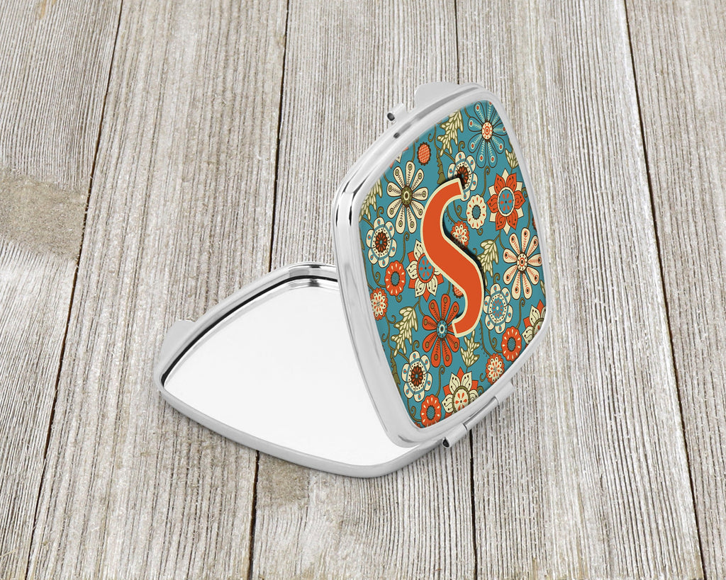 Letter S Flowers Retro Blue Compact Mirror Decorative Travel Makeup Mirror for Women Girls Gifts Pocket Makeup Mirror Folding Handheld