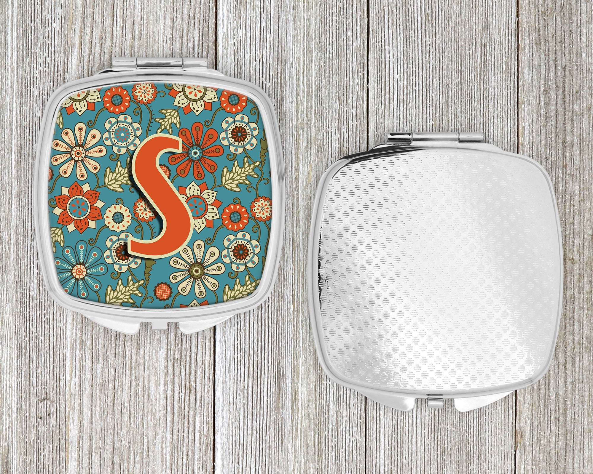 Letter S Flowers Retro Blue Compact Mirror Decorative Travel Makeup Mirror for Women Girls Gifts Pocket Makeup Mirror Folding Handheld