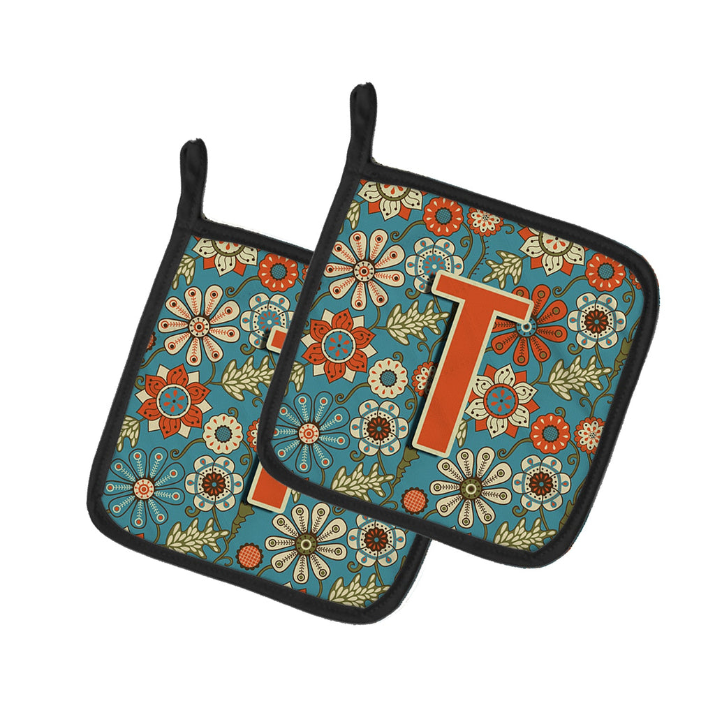 Letter T Flowers Retro Blue Pot Holder Set of 2 Heat Resistant Quilted Hot Pads 7.5 x 7.5 Inch, Insulated Kitchen Trivets for Cooking & Baking