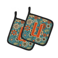 Letter U Flowers Retro Blue Pot Holder Set of 2 Heat Resistant Quilted Hot Pads 7.5 x 7.5 Inch, Insulated Kitchen Trivets for Cooking & Baking