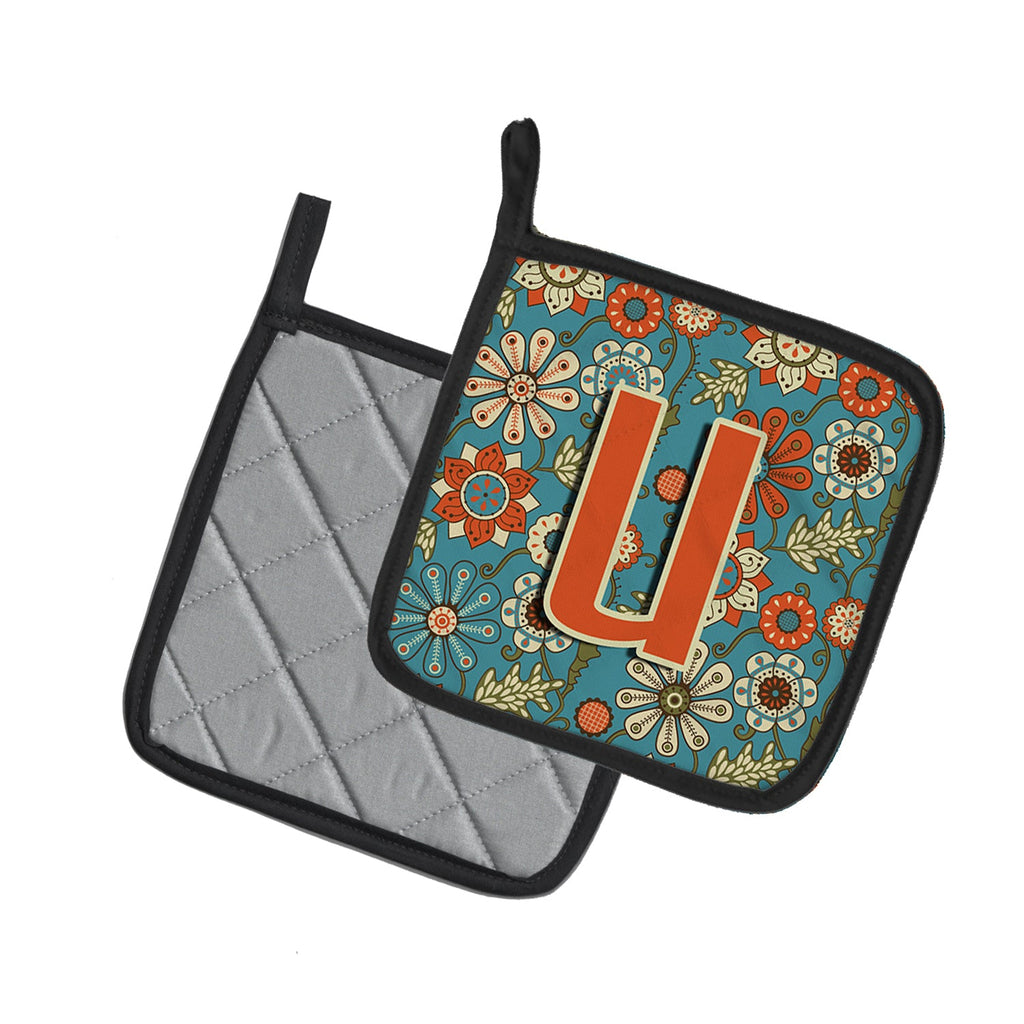 Letter U Flowers Retro Blue Pot Holder Set of 2 Heat Resistant Quilted Hot Pads 7.5 x 7.5 Inch, Insulated Kitchen Trivets for Cooking & Baking