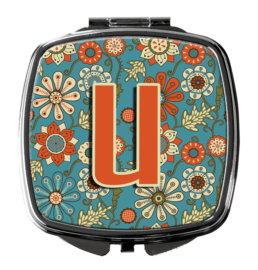 Letter U Flowers Retro Blue Compact Mirror Decorative Travel Makeup Mirror for Women Girls Gifts Pocket Makeup Mirror Folding Handheld