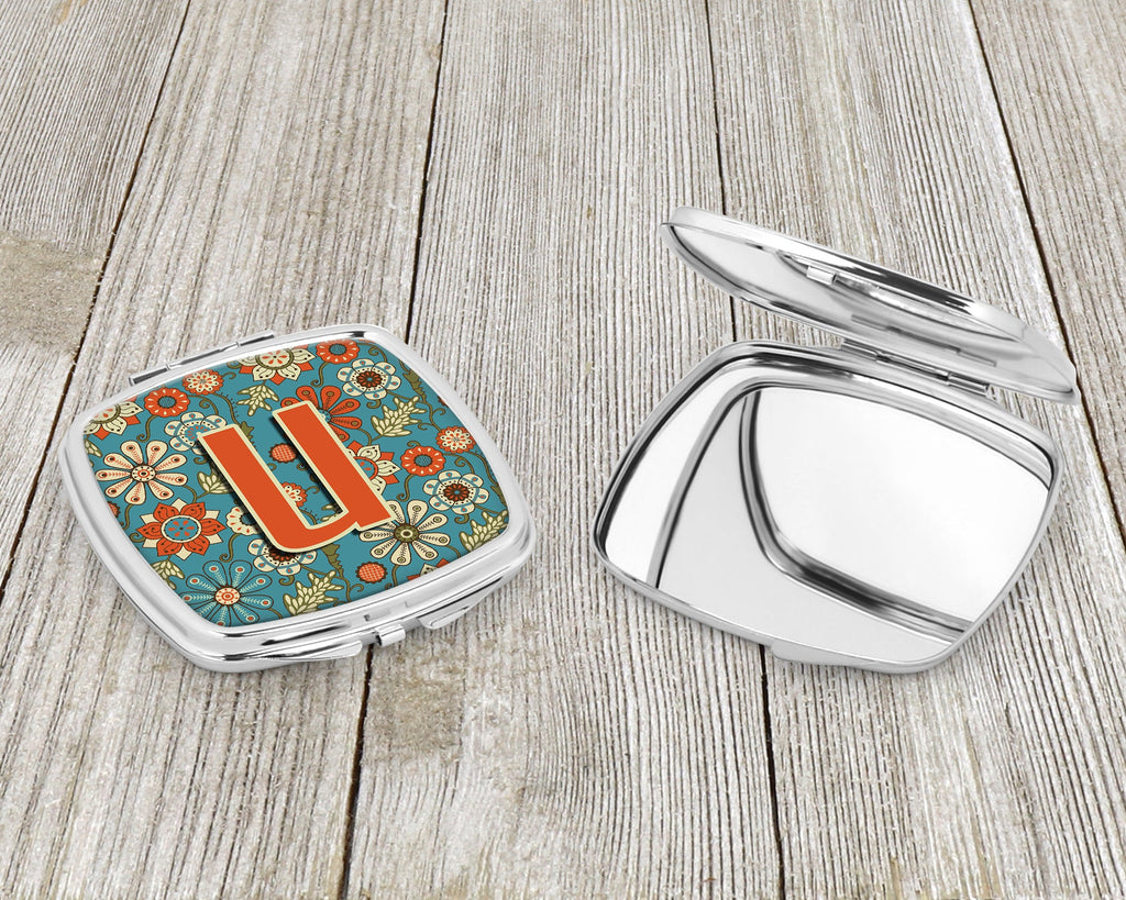 Letter U Flowers Retro Blue Compact Mirror Decorative Travel Makeup Mirror for Women Girls Gifts Pocket Makeup Mirror Folding Handheld