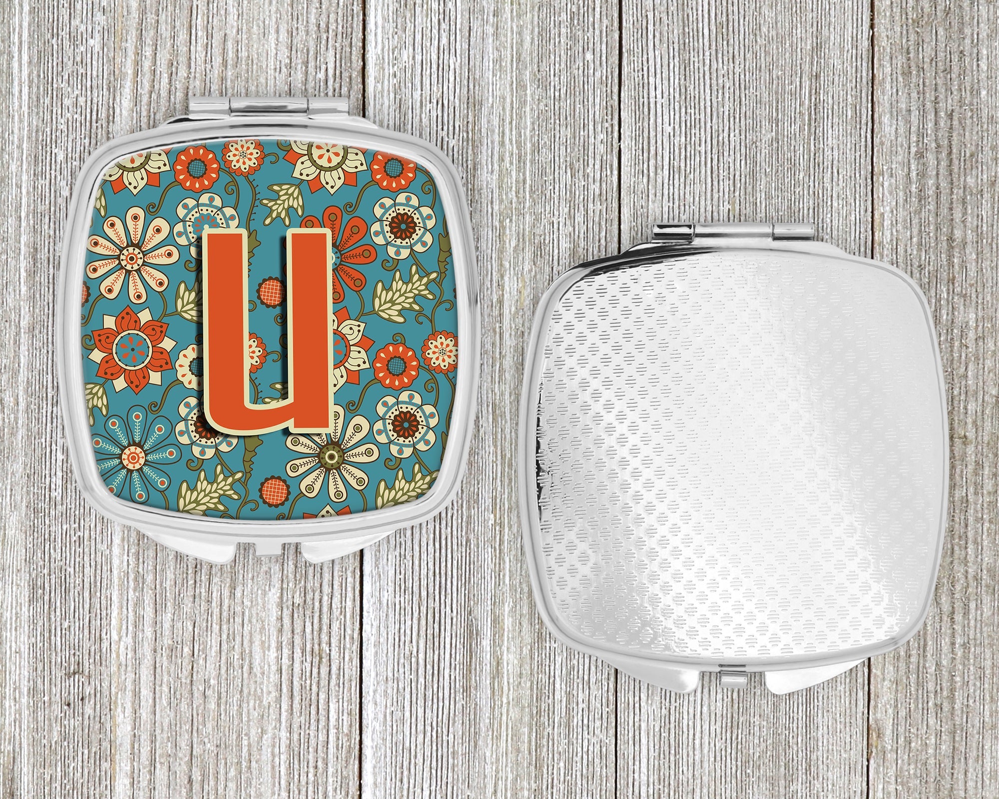 Letter U Flowers Retro Blue Compact Mirror Decorative Travel Makeup Mirror for Women Girls Gifts Pocket Makeup Mirror Folding Handheld