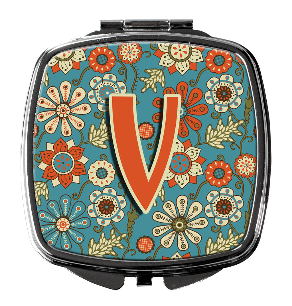 Letter V Flowers Retro Blue Compact Mirror Decorative Travel Makeup Mirror for Women Girls Gifts Pocket Makeup Mirror Folding Handheld