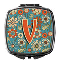 Letter V Flowers Retro Blue Compact Mirror Decorative Travel Makeup Mirror for Women Girls Gifts Pocket Makeup Mirror Folding Handheld