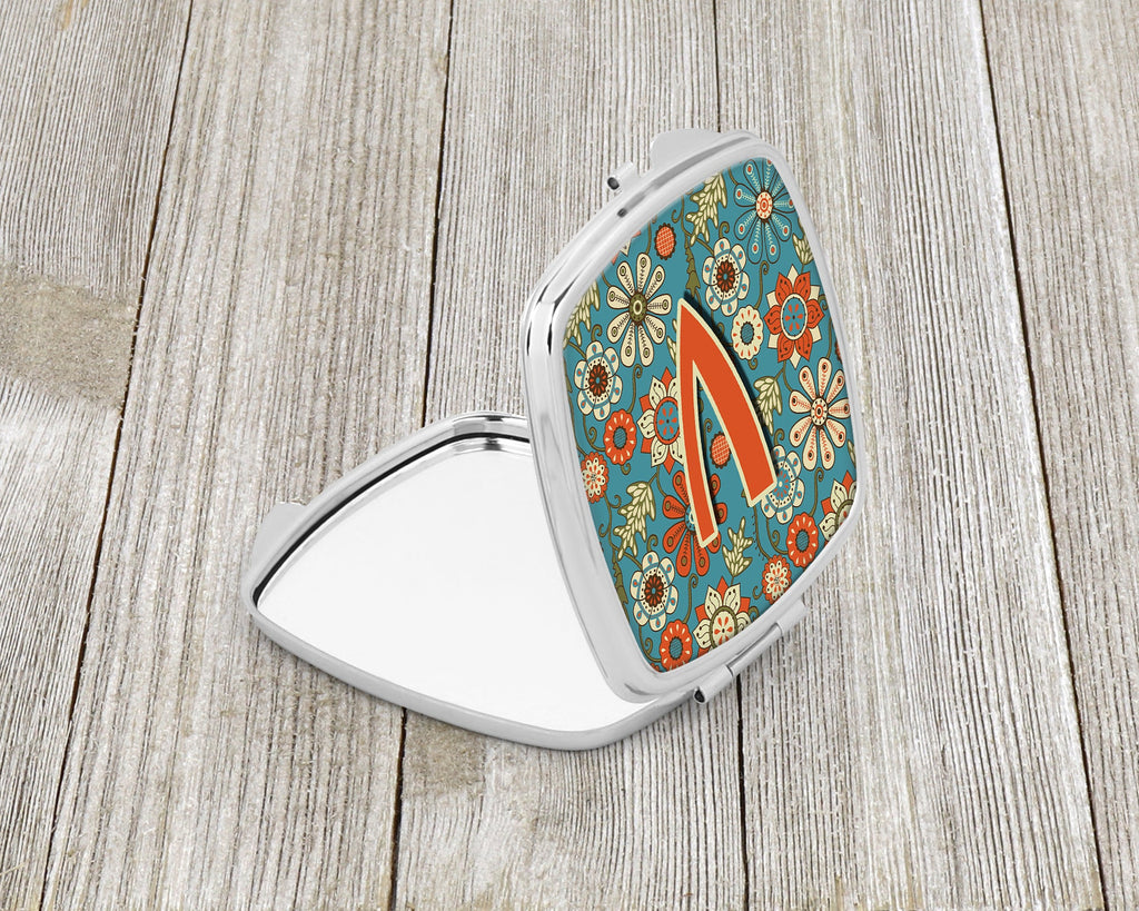 Letter V Flowers Retro Blue Compact Mirror Decorative Travel Makeup Mirror for Women Girls Gifts Pocket Makeup Mirror Folding Handheld