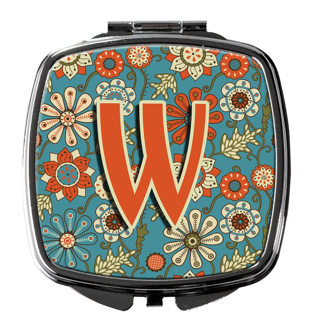 Letter W Flowers Retro Blue Compact Mirror Decorative Travel Makeup Mirror for Women Girls Gifts Pocket Makeup Mirror Folding Handheld