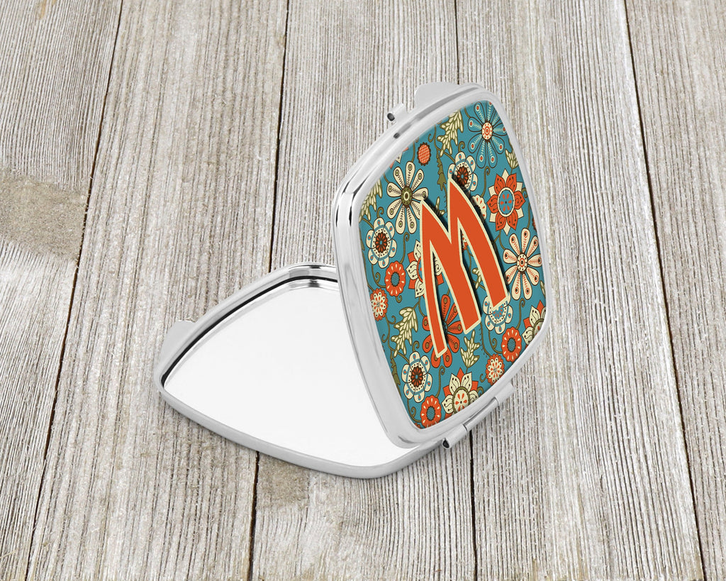 Letter W Flowers Retro Blue Compact Mirror Decorative Travel Makeup Mirror for Women Girls Gifts Pocket Makeup Mirror Folding Handheld