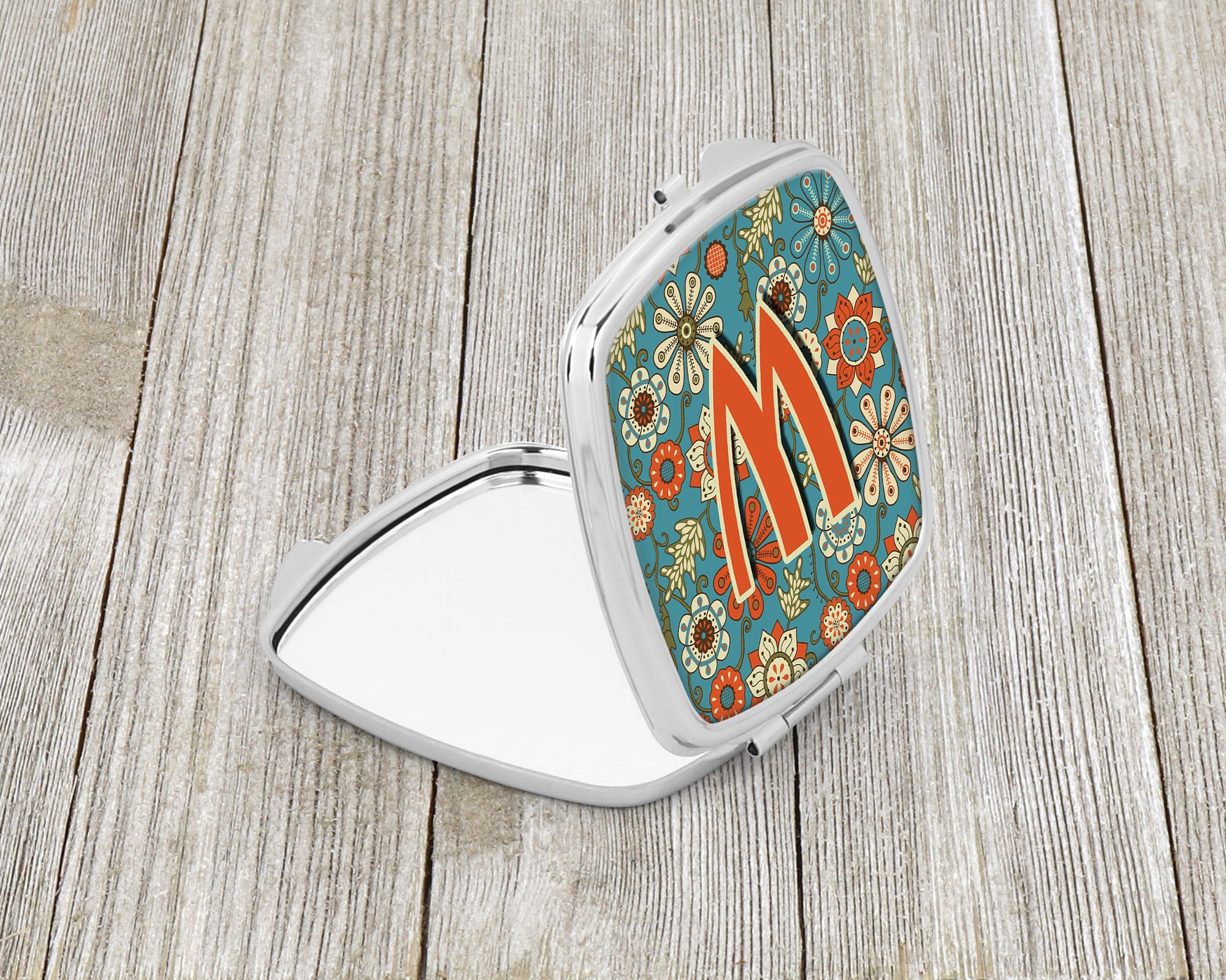 Letter W Flowers Retro Blue Compact Mirror Decorative Travel Makeup Mirror for Women Girls Gifts Pocket Makeup Mirror Folding Handheld