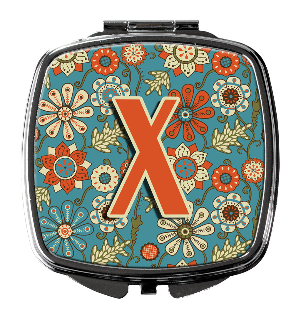 Letter X Flowers Retro Blue Compact Mirror Decorative Travel Makeup Mirror for Women Girls Gifts Pocket Makeup Mirror Folding Handheld