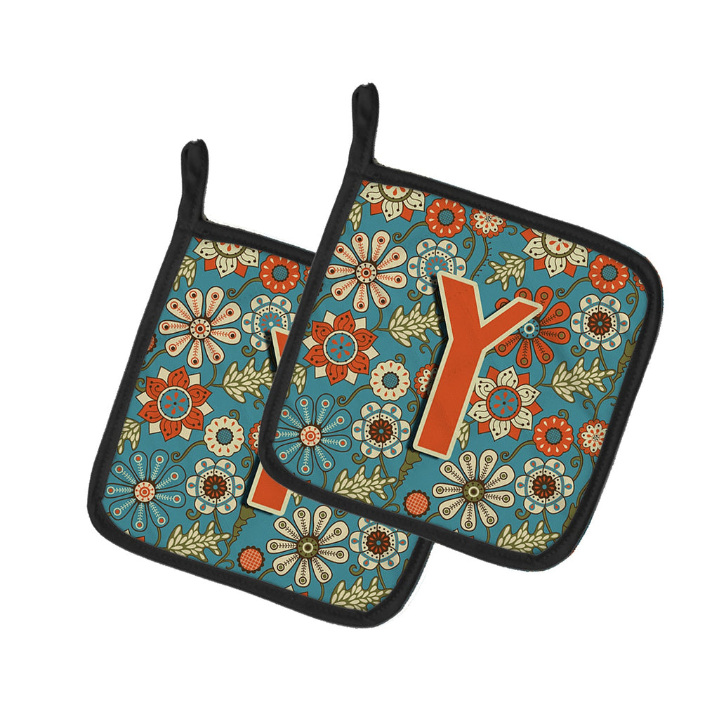 Letter Y Flowers Retro Blue Pot Holder Set of 2 Heat Resistant Quilted Hot Pads 7.5 x 7.5 Inch, Insulated Kitchen Trivets for Cooking & Baking