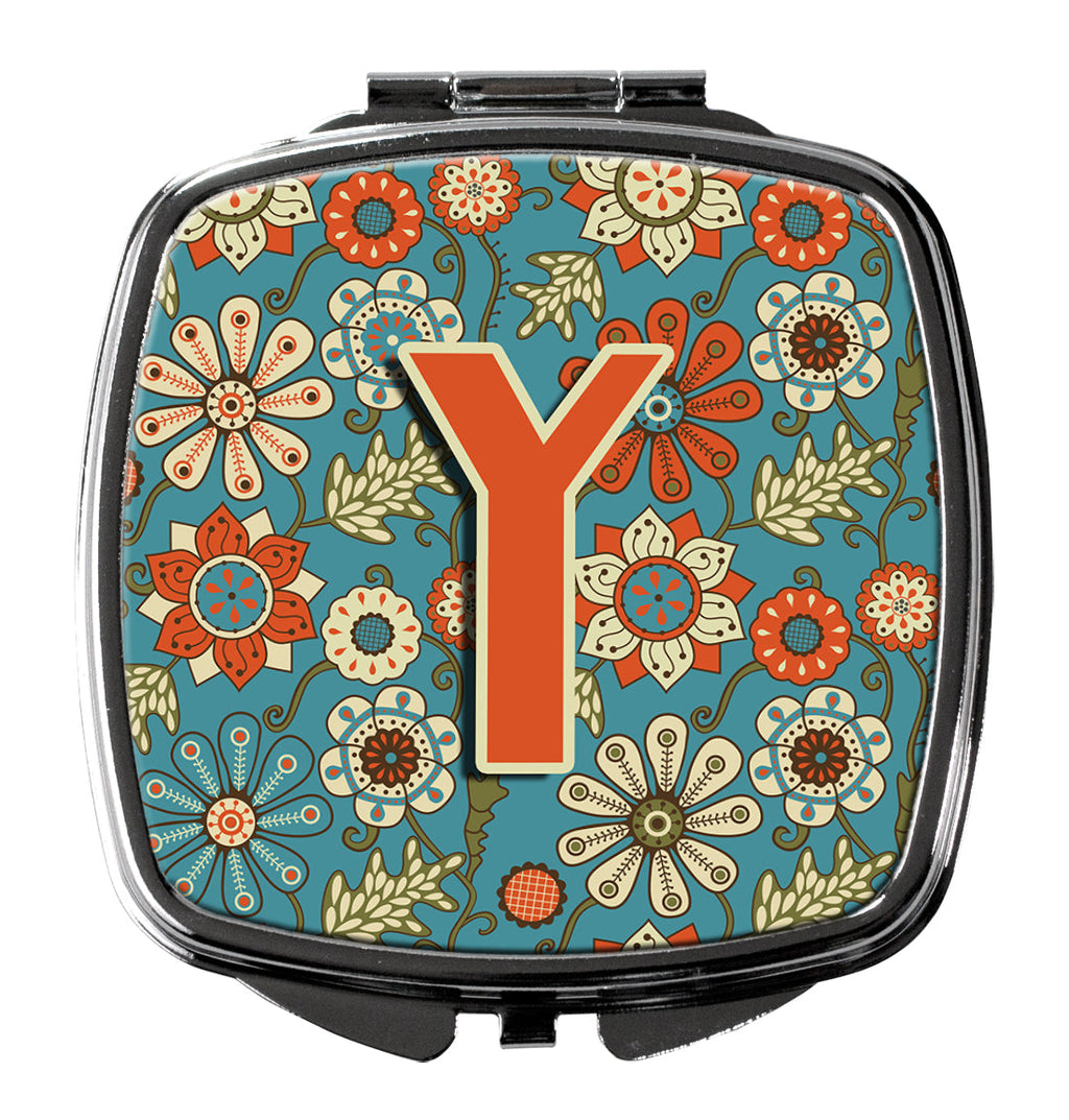 Letter Y Flowers Retro Blue Compact Mirror Decorative Travel Makeup Mirror for Women Girls Gifts Pocket Makeup Mirror Folding Handheld