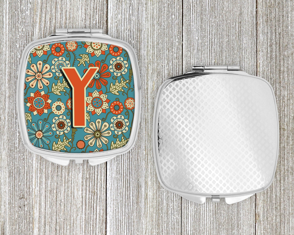 Letter Y Flowers Retro Blue Compact Mirror Decorative Travel Makeup Mirror for Women Girls Gifts Pocket Makeup Mirror Folding Handheld