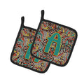 Letter A Retro Tribal Alphabet Initial Pot Holder Set of 2 Heat Resistant Quilted Hot Pads 7.5 x 7.5 Inch, Insulated Kitchen Trivets for Cooking & Baking