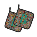 Letter B Retro Tribal Alphabet Initial Pot Holder Set of 2 Heat Resistant Quilted Hot Pads 7.5 x 7.5 Inch, Insulated Kitchen Trivets for Cooking & Baking