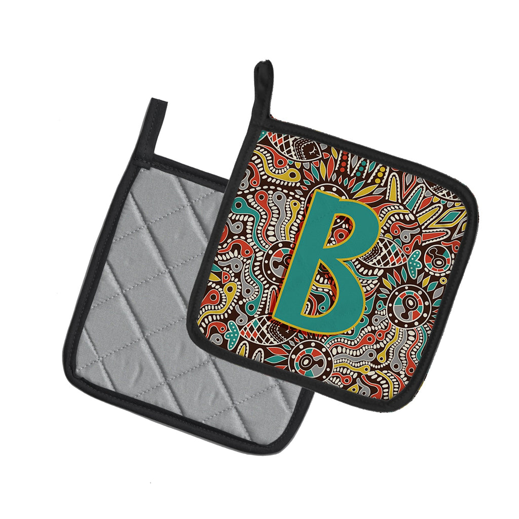 Letter B Retro Tribal Alphabet Initial Pot Holder Set of 2 Heat Resistant Quilted Hot Pads 7.5 x 7.5 Inch, Insulated Kitchen Trivets for Cooking & Baking