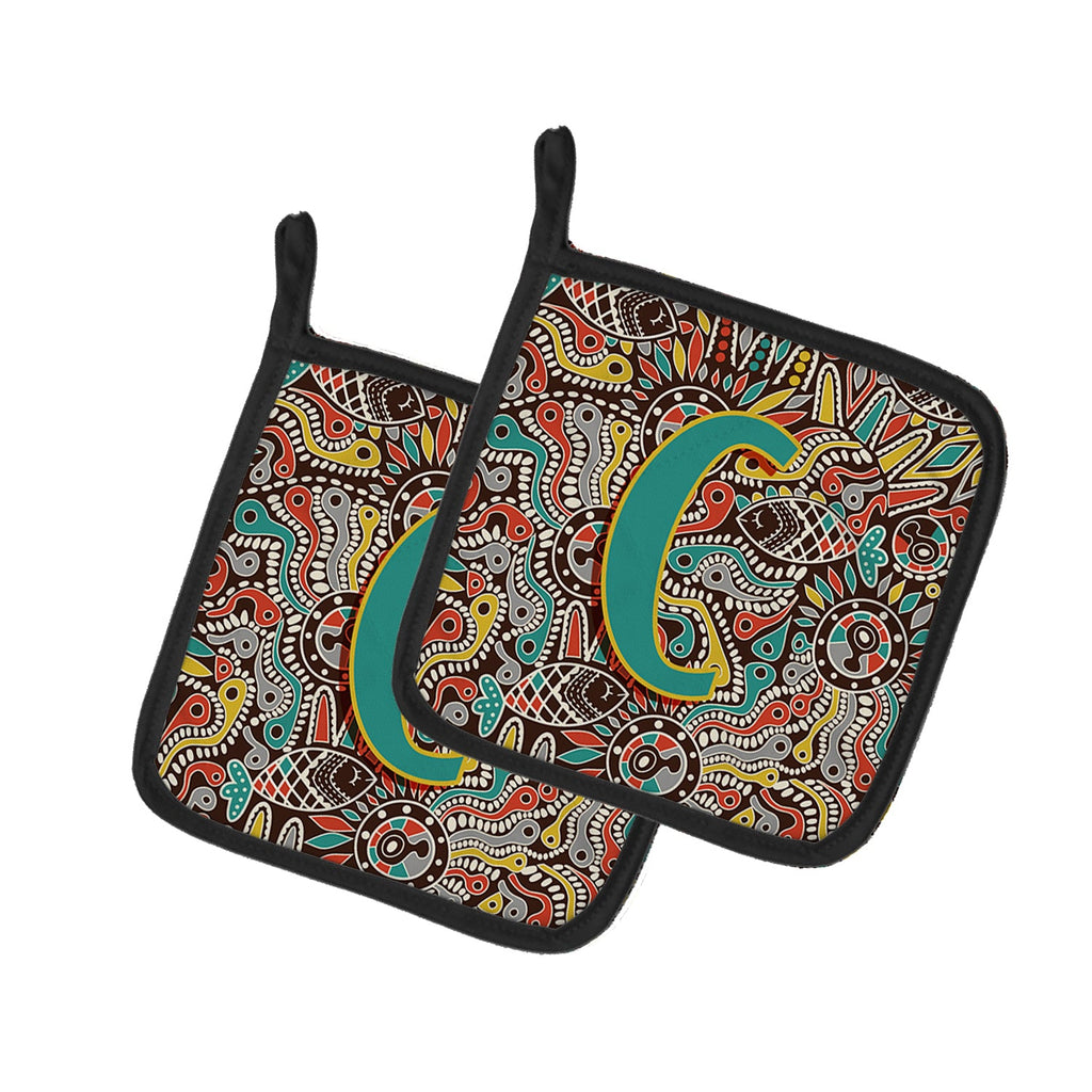 Letter C Retro Tribal Alphabet Initial Pot Holder Set of 2 Heat Resistant Quilted Hot Pads 7.5 x 7.5 Inch, Insulated Kitchen Trivets for Cooking & Baking